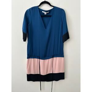 Diane von Furstenberg Silk Shirt Dress Women's Size 4 Navy and Pink Dropwaist